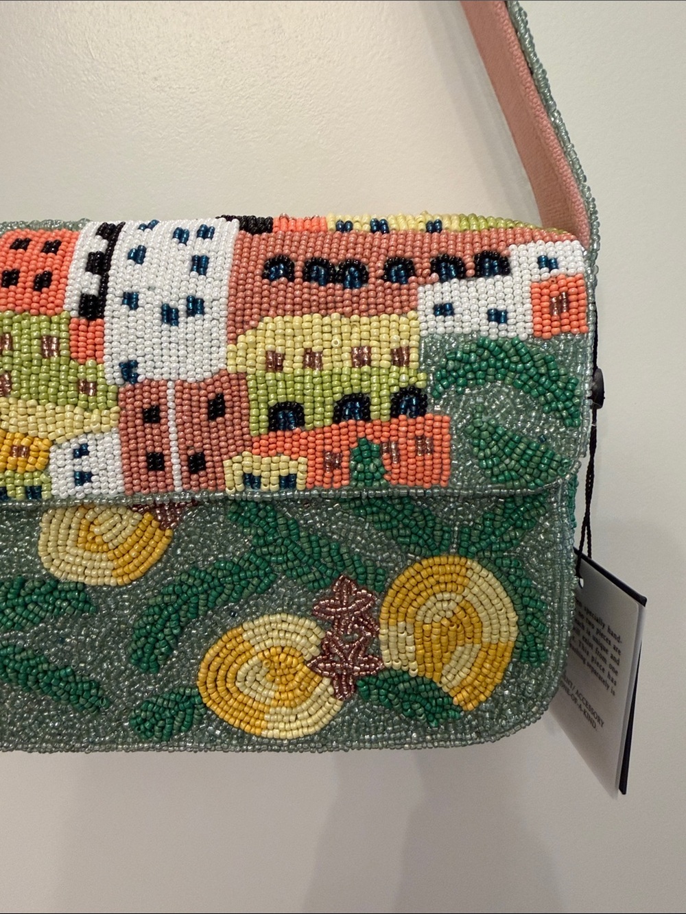NTW-NEW VIRAL Beaded Amalfie Cityscape Shoulder Bag in Green, Yellow & Pink - Picture 3 of 11